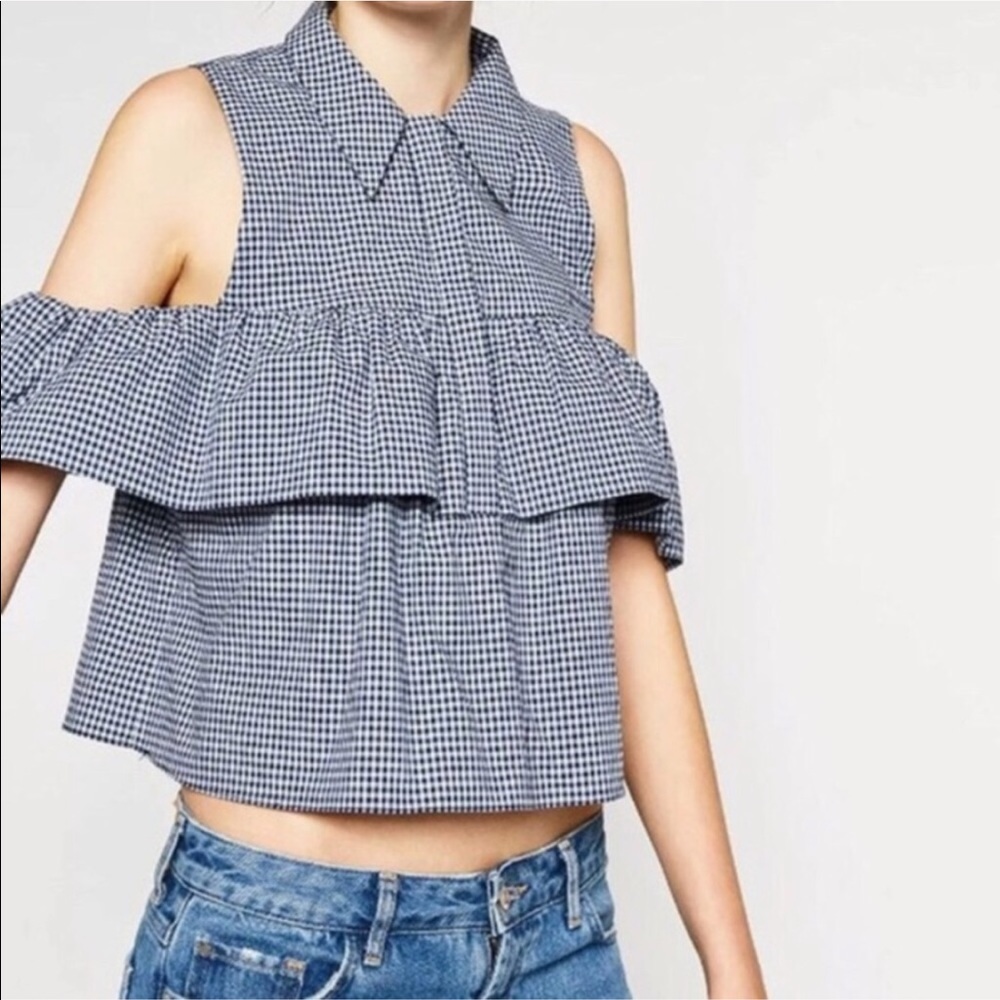 Zara Plaid Gingham Cold Off Shoulder Top M